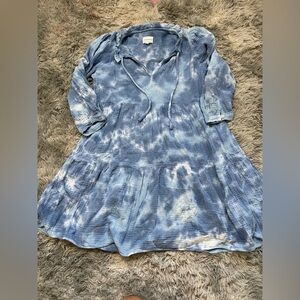 Honorine XS Blue Tie-Dye 100% Cotton Gauze Peasant Mini Dress Boho Long Sleeve